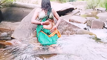 Naked Village Aunty Gets Wet Under The Waterfall, Moaning Dirty Telugu Words.